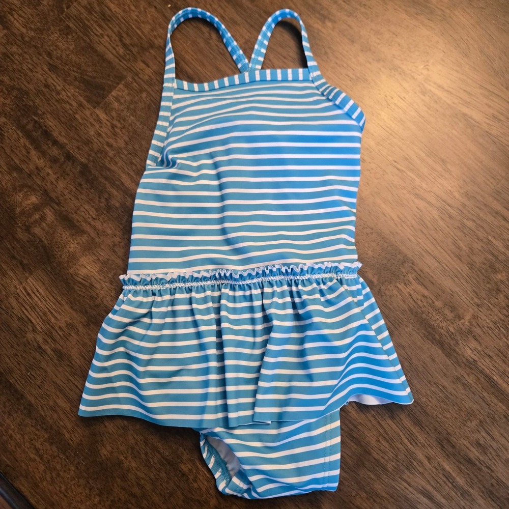Moon and Back by Hanna Andersson Girls Blue White Striped Skirted Swimsuit‎ 2T